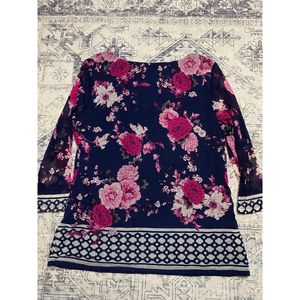 Charter Club Womens Floral Print Navy Pink Sheer Sleeve Blouse Size Petite Large - Picture 7 of 7